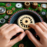 A close-up, dynamic shot of hands engaged in a small, consistent action – perhaps planting a single seed daily that gradually grows into a vibrant, lush plant, or assembling tiny, intricate gears that build into a complex, functional mechanism. The background subtly blurs to stacked books or a digital screen, signifying theoretical knowledge transforming into tangible, real-world results through diligent, daily application. The image should convey the feeling of sustained effort, growth, and the silent, powerful impact of "micro-habits" in turning potential into performance.