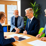 A diverse group of adults of varying ages, fully clothed in professional, modest attire, engaged in a collaborative discussion within a bright, modern community center in a typical Dutch city. They are gathered around a table with practical items such as a small potted plant, a miniature house model with solar panels, and business forms with "KvK" labels, suggesting an exchange of real-world advice. The atmosphere is respectful and focused on shared knowledge. Perfect anatomy, correct proportions, natural poses, well-formed hands, proper finger count. Professional photography, high-resolution, natural lighting, safe for work, appropriate content, fully clothed, professional.