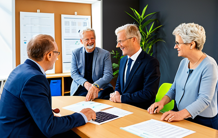 A diverse group of adults of varying ages, fully clothed in professional, modest attire, engaged in a collaborative discussion within a bright, modern community center in a typical Dutch city. They are gathered around a table with practical items such as a small potted plant, a miniature house model with solar panels, and business forms with "KvK" labels, suggesting an exchange of real-world advice. The atmosphere is respectful and focused on shared knowledge. Perfect anatomy, correct proportions, natural poses, well-formed hands, proper finger count. Professional photography, high-resolution, natural lighting, safe for work, appropriate content, fully clothed, professional.