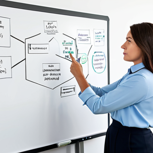 A professional woman in a modest business blouse and tailored trousers, standing thoughtfully at a large whiteboard covered with a complex, visually organized mind map of interconnected concepts. She is gesturing subtly towards the diagram, as if preparing to explain it. The environment is a bright, contemporary office space with diffused natural light, featuring clean lines and a modern aesthetic. Professional, fully clothed, appropriate attire, safe for work, perfect anatomy, correct proportions, natural pose, well-formed hands, proper finger count, natural body proportions, high quality, modest clothing, family-friendly content.