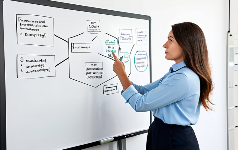 A professional woman in a modest business blouse and tailored trousers, standing thoughtfully at a large whiteboard covered with a complex, visually organized mind map of interconnected concepts. She is gesturing subtly towards the diagram, as if preparing to explain it. The environment is a bright, contemporary office space with diffused natural light, featuring clean lines and a modern aesthetic. Professional, fully clothed, appropriate attire, safe for work, perfect anatomy, correct proportions, natural pose, well-formed hands, proper finger count, natural body proportions, high quality, modest clothing, family-friendly content.
